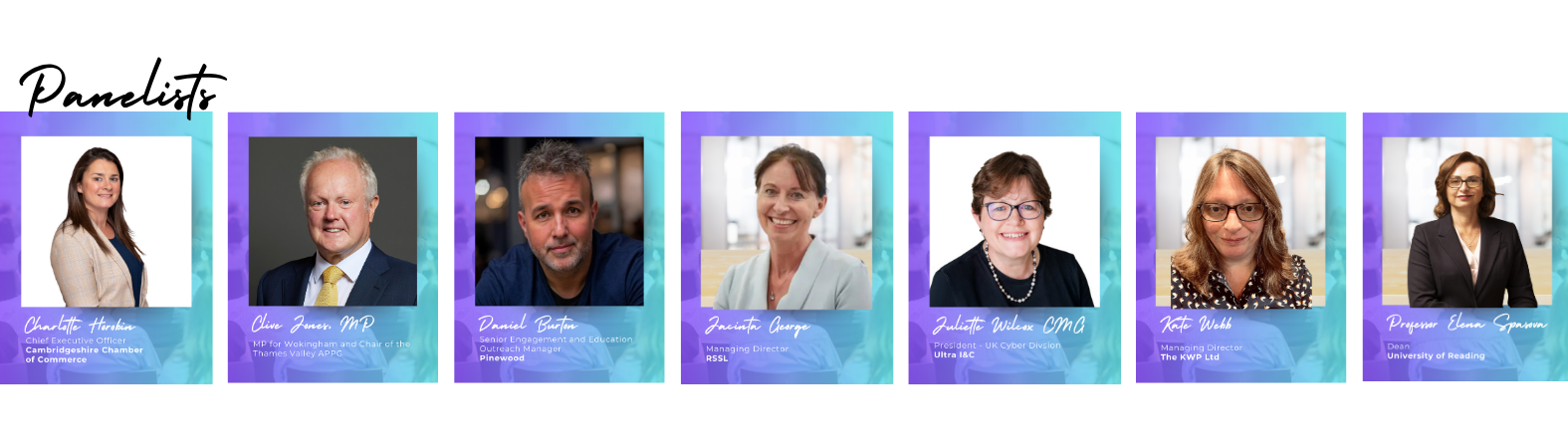 Group strip of seven panelist portraits on gradient blue-to-teal cards, each with a name and title, labeled 'Panelist' at top.