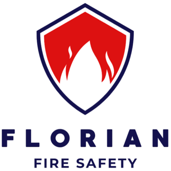 Florian Fire Safety logo featuring a red shield with a white flame inside and a dark blue outline, plus the words FLORIAN FIRE SAFETY beneath.