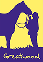 Greatwood logo: purple silhouette of a person touching noses with a pony against a yellow background.