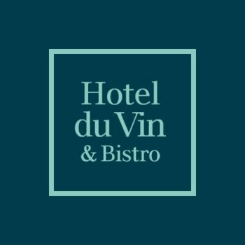 Hotel du Vin & Bistro logo: pale mint text inside a pale mint square frame on a dark teal background.