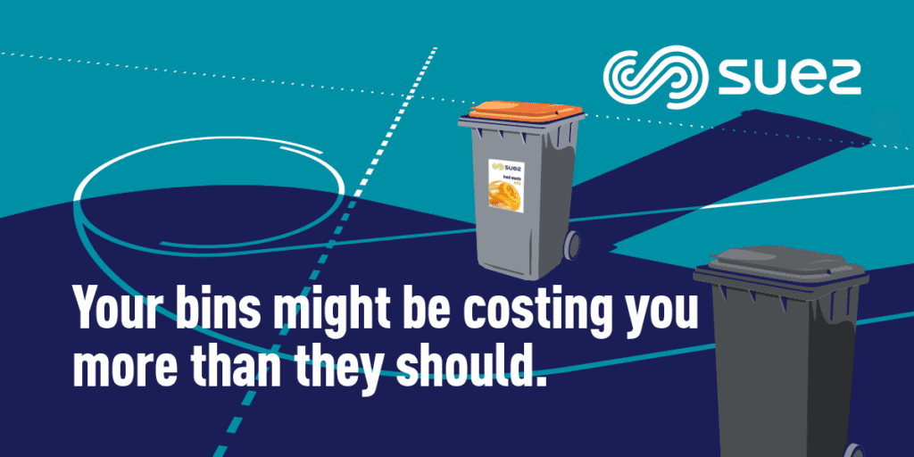Suez ad: two waste bins on a teal background with the slogan ‘Your bins might be costing you more than they should.’