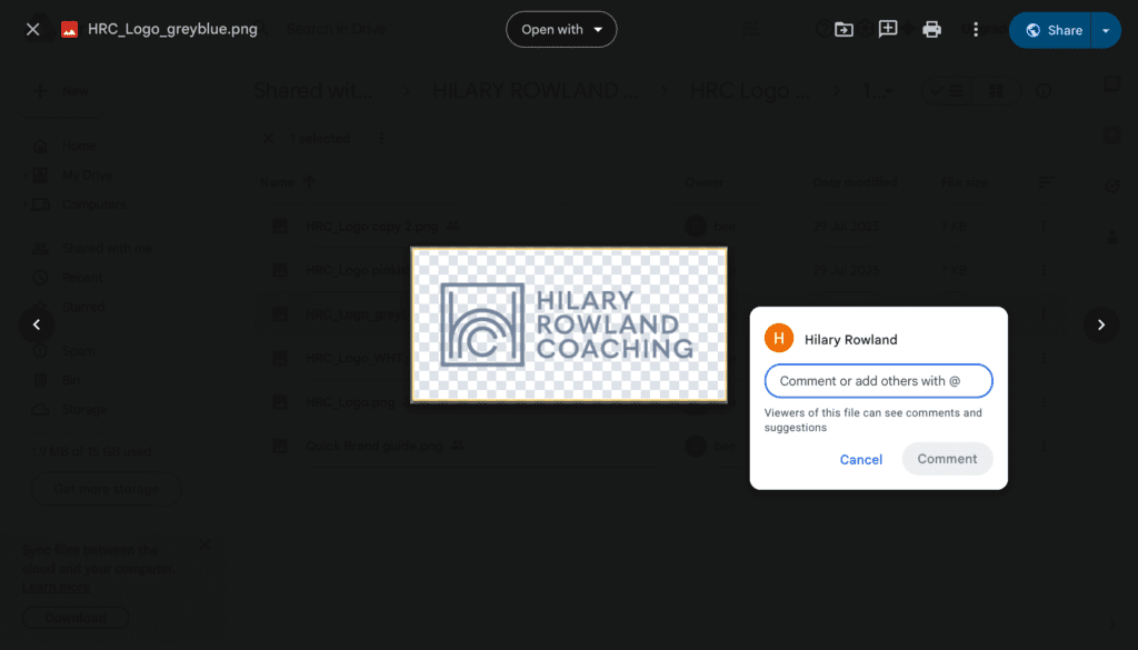 Logo preview: Hilary Rowland Coaching with a square framed 'C' mark and bold text, on a transparent checkerboard background.
