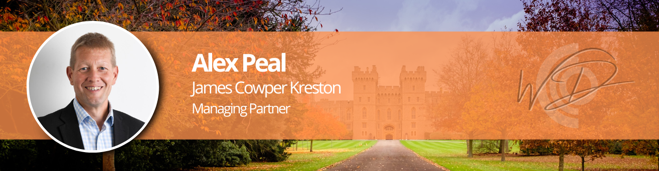 Banner introducing Alex Peal with circular headshot on the left and title 'Managing Partner, James Cowper Kreston' on an orange overlay with an autumn backdrop and a WD logo on the right.