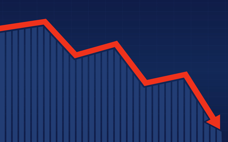 Downward-trending line graph over blue bar chart, showing a decline with a red line descending to the right.