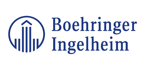 Boehringer Ingelheim logo: blue circular emblem with vertical bars forming a building and a small roof, beside the blue wordmark 'Boehringer Ingelheim'.