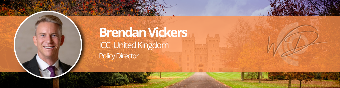Banner header featuring Brendan Vickers, ICC United Kingdom Policy Director, with a circular headshot on the left and an autumn-toned backdrop including a castle and a WD-style logo on the right.