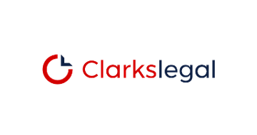 Clarkslegal logo: red circular emblem to the left of the 'Clarks legal' wordmark in red and blue.