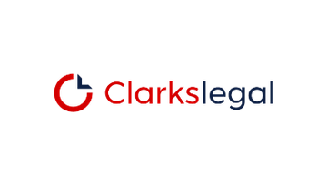 Clarkslegal logo: red circular emblem to the left of the 'Clarks legal' wordmark in red and blue.