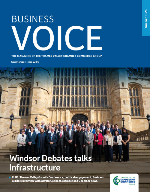 Cover of Business Voice magazine: group photo of people on steps of a historic building, title Windsor Debates talks Infrastructure appears overlaid.