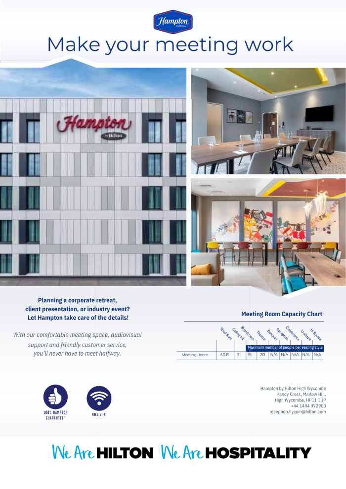 Hampton by Hilton flyer: exterior hotel, interior conference room and a colorful lounge, with the headline 'Make your meeting work' and a Meeting Room Capacity Chart in the layout.
