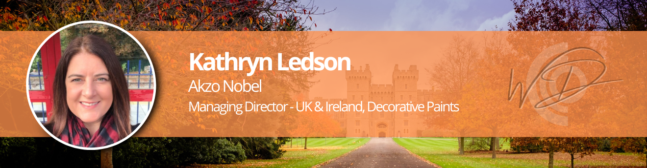 Portrait of Kathryn Ledson with title and position on an orange banner for Akzo Nobel Decorative Paints: Managing Director – UK & Ireland.