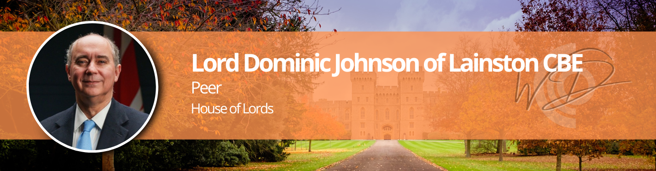 Header banner featuring Lord Dominic Johnson of Lainston CBE, a Peer in the House of Lords, with an autumn park backdrop and a circular portrait on the left.