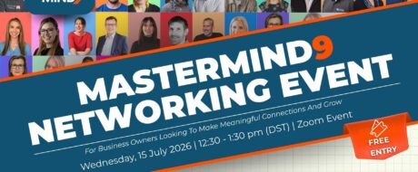 Promotional banner for Mastermind9 Networking Event with a collage of diverse speakers and event details for a Zoom session.
