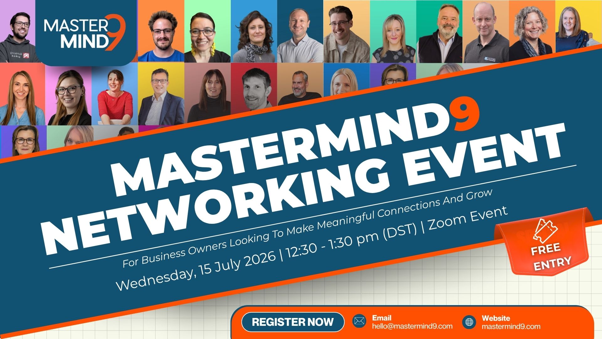 Promotional banner for Mastermind9 Networking Event with a collage of diverse speakers and event details for a Zoom session.