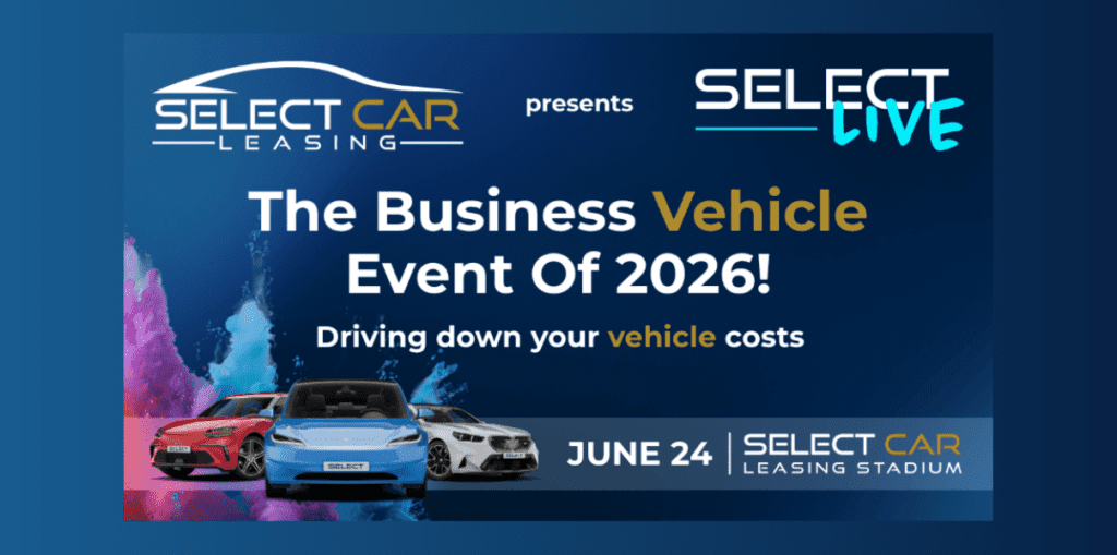 Promotional poster for The Business Vehicle Event Of 2026 by Select Car Leasing, featuring three cars and the date June 24 at the stadium.