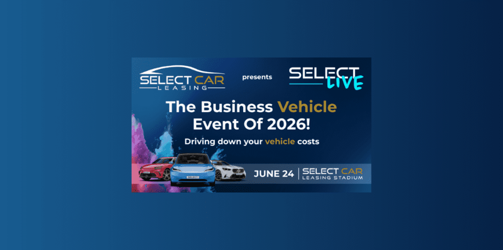 Promotional banner for The Business Vehicle Event of 2026 by Select Car Leasing, featuring three cars and the date June 24.