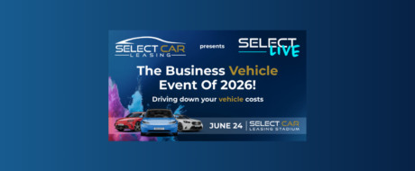 Promotional banner for The Business Vehicle Event of 2026 by Select Car Leasing, featuring three cars and the date June 24.