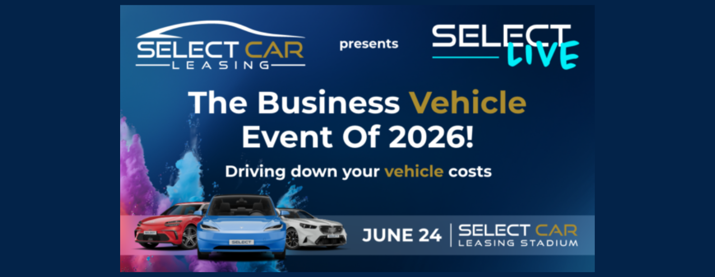 Promotional banner for The Business Vehicle Event Of 2026 by Select Car Leasing with colorful cars and date June 24 at Select Car Leasing Stadium.