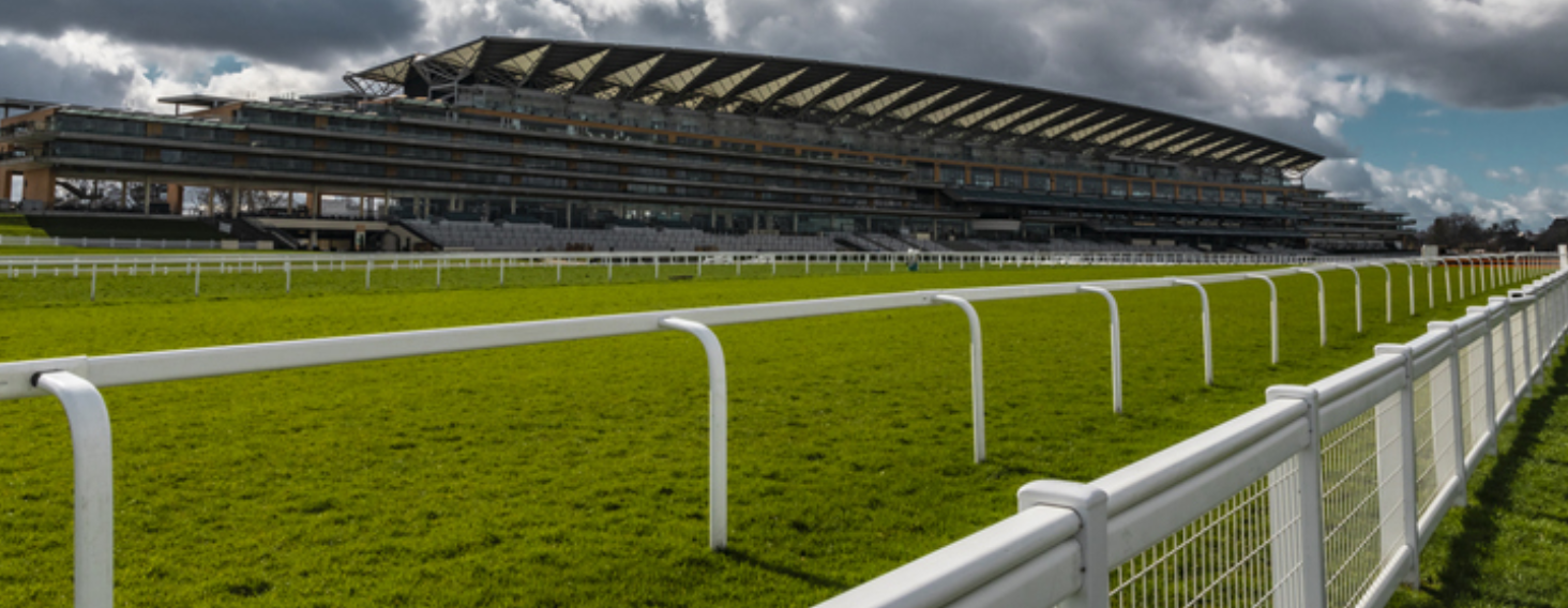 Racing grandstand with tiered seating, white rails, and a green track field under a cloudy sky.