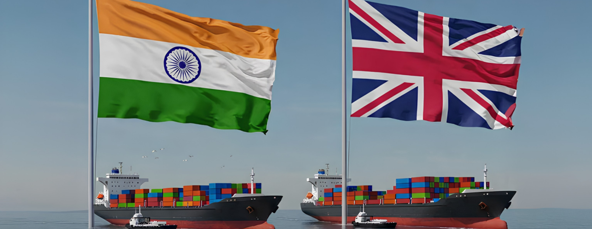Two large cargo ships carrying colorful containers sail with Indian and British flags flying above.