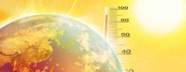 Earth beside a tall thermometer showing high temperatures against a bright sun, symbolizing global warming and climate change.