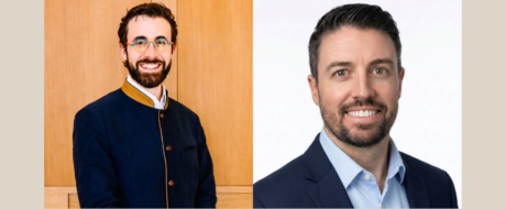 Two men shown side by side in headshots; left man with colorful glasses and a beard wearing a dark blue jacket, right man in a navy suit and light blue shirt, both smiling