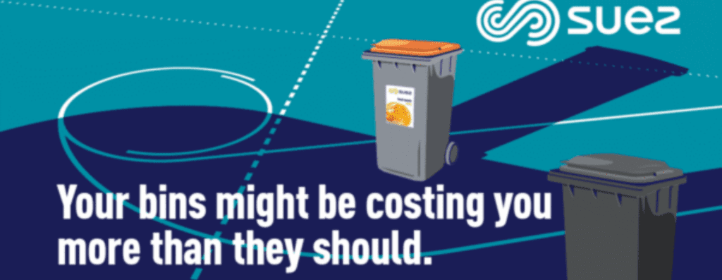 Illustration shows two waste bins on a teal and blue banner, with the Suez logo and the message: 'Your bins might be costing you more than they should.'