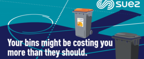 Illustration shows two waste bins on a teal and blue banner, with the Suez logo and the message: 'Your bins might be costing you more than they should.'