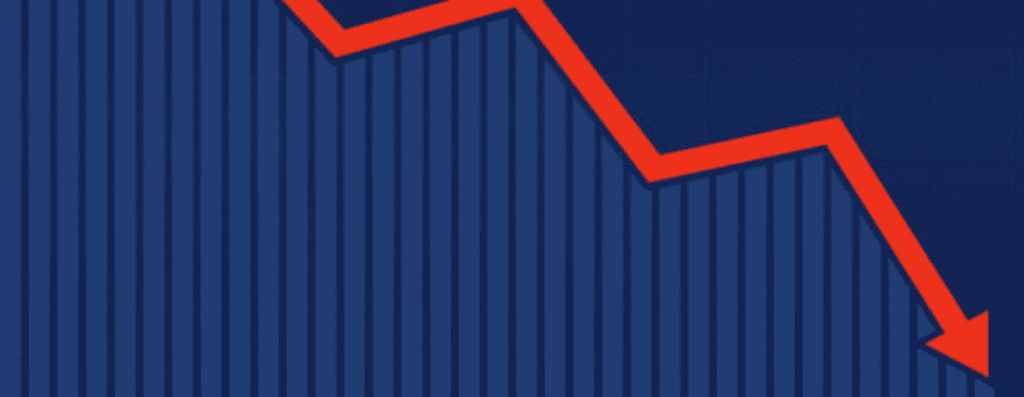 Blue bar chart with a bold red downward trend line ending in an arrow, indicating a drop in values.