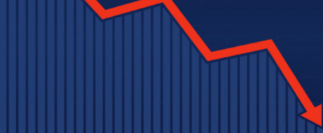 Blue bar chart with a bold red downward trend line ending in an arrow, indicating a drop in values.