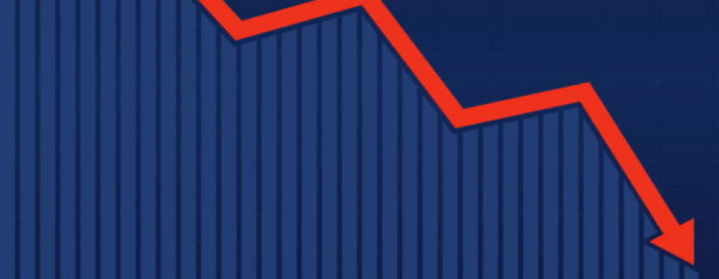Blue bar chart with a bold red downward trend line ending in an arrow, indicating a drop in values.