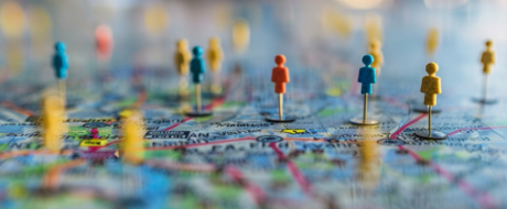 Colorful map with small red, blue, and yellow peg figurines marking locations.