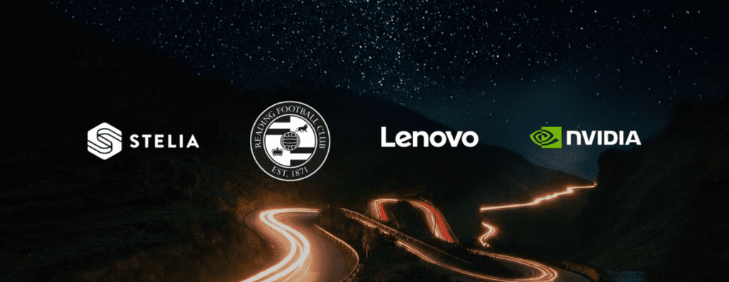 Sponsorship banner with STELIA, Reading Football Club, Lenovo and NVIDIA logos over a dark starry night road backdrop.