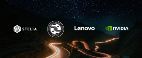 Sponsorship banner with STELIA, Reading Football Club, Lenovo and NVIDIA logos over a dark starry night road backdrop.