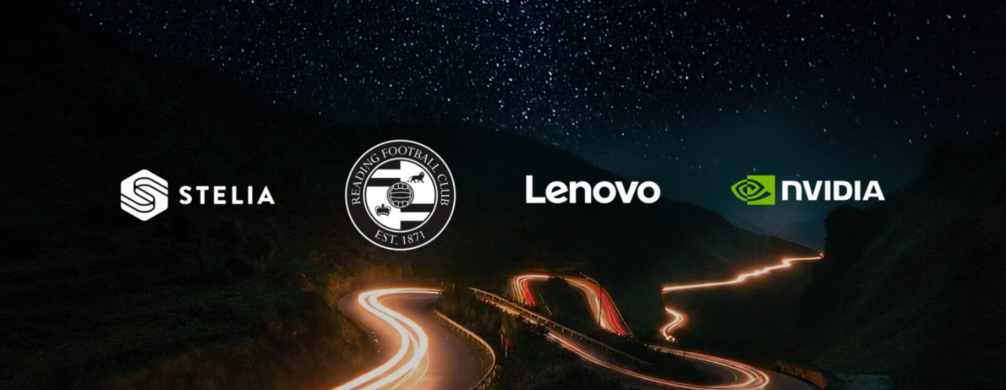 Sponsorship banner with STELIA, Reading Football Club, Lenovo and NVIDIA logos over a dark starry night road backdrop.
