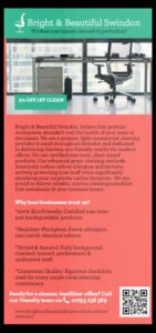 Promo flyer for Bright & Beautiful Swindon cleaning company with teal header, office interior image, 5% off badge and red description section.