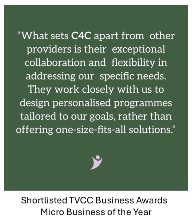 Green square award card with a white quotation about C4C's collaboration and flexibility, small purple logo, and caption 'Shortlisted TVCC Business Awards Micro Business of the Year'