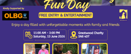 Promotional poster for Greatwood's Family Fun Day featuring kids with a horse, with event details and a grid of activities (Children's Games, Face Painting, Inflatable Fun, Family Dog Show, Calne Silver Band, Horse Parade).