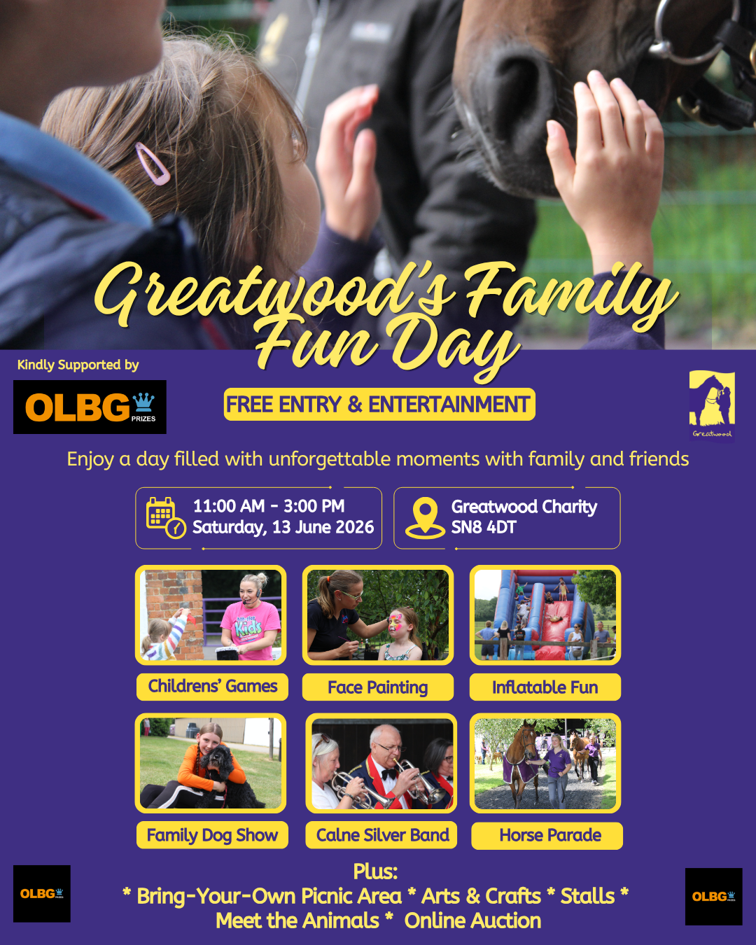 Promotional poster for Greatwood's Family Fun Day featuring kids with a horse, with event details and a grid of activities (Children's Games, Face Painting, Inflatable Fun, Family Dog Show, Calne Silver Band, Horse Parade).