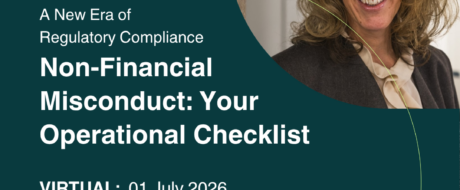 DC Training poster for a virtual event: Non-Financial Misconduct—Your Operational Checklist, July 1, 2026, 09:30–11:30 BST, £149 plus VAT; smiling professional woman on the right.