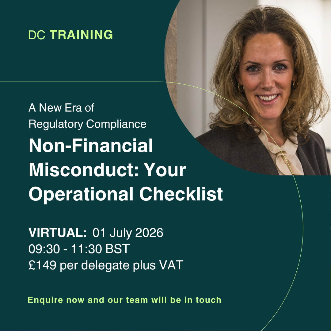 DC Training poster for a virtual event: Non-Financial Misconduct—Your Operational Checklist, July 1, 2026, 09:30–11:30 BST, £149 plus VAT; smiling professional woman on the right.