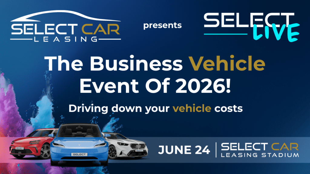 Promotional banner for The Business Vehicle Event Of 2026 by Select Car Leasing, featuring three cars on a blue gradient background (June 24).