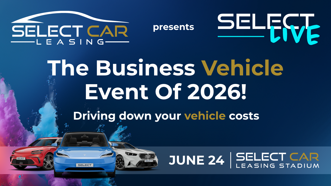 Promotional banner for The Business Vehicle Event of 2026 featuring three cars and SELECT Car Leasing logos.