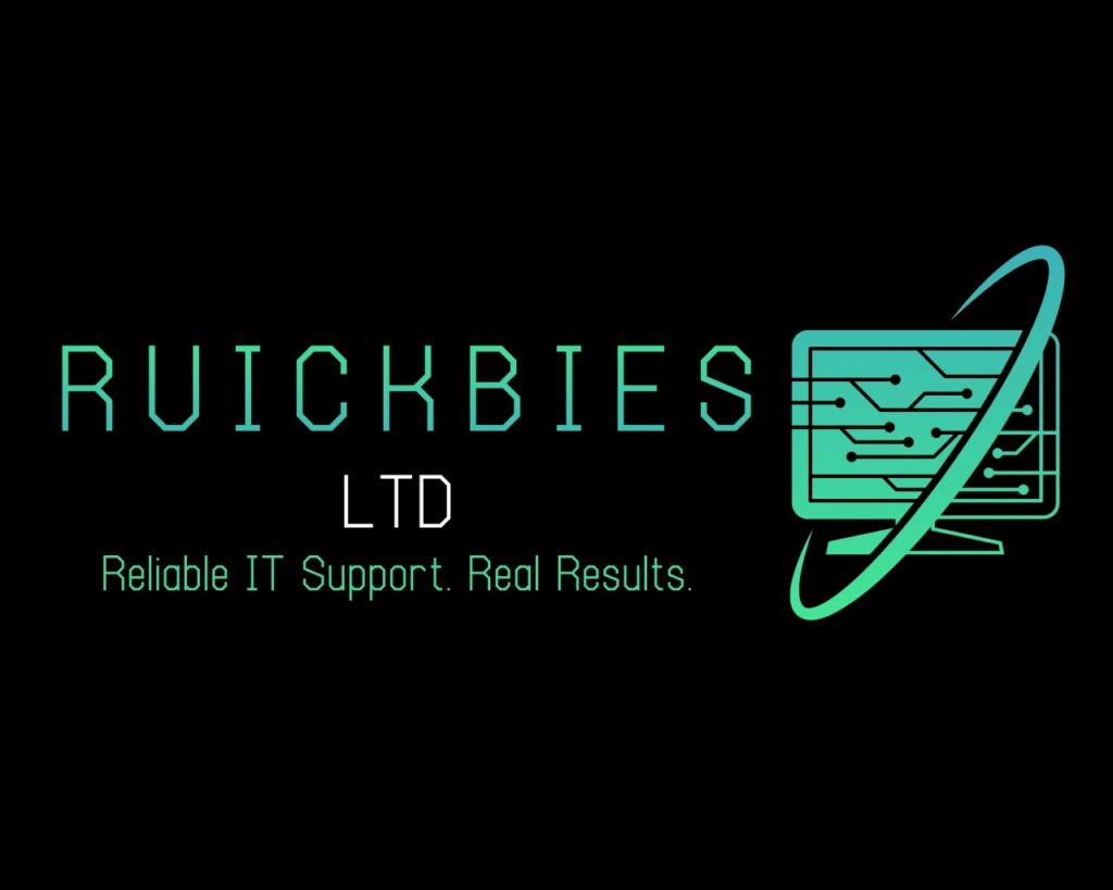 Ruickbies Ltd logo with teal text and a teal circuit-board graphic to the right, on a black background, plus the tagline 'Reliable IT Support. Real Results.'