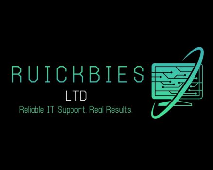Ruickbies Ltd logo with teal text and a teal circuit-board graphic to the right, on a black background, plus the tagline 'Reliable IT Support. Real Results.'