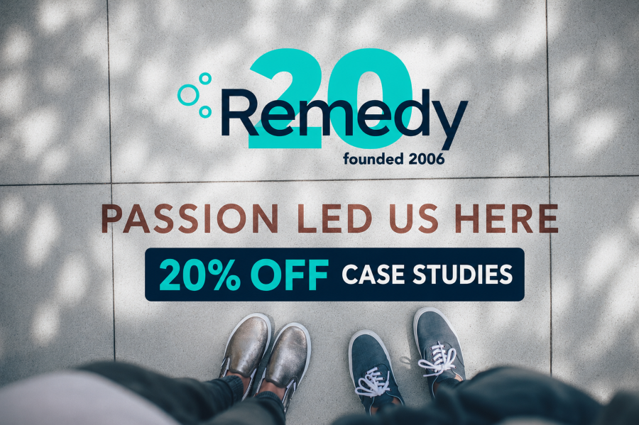 Top-down view of two people’s feet on a tiled floor with the Remedy logo, 'Passion Led Us Here' text, and a teal '20% OFF CASE STUDIES' banner.