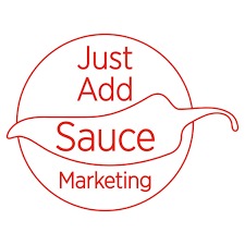 Just Add Sauce Marketing logo: red circular badge with a wavy line across and the brand name in red.