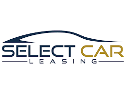 Logo for Select Car Leasing featuring a blue car silhouette above the brand name in blue and gold.