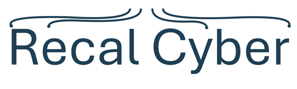 Recall Cyber logo: dark blue wordmark with decorative curved lines arching above the text