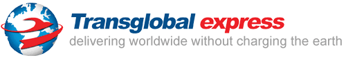 Transglobal Express logo with globe icon and blue/red wordmark; tagline: delivering worldwide without charging the earth.